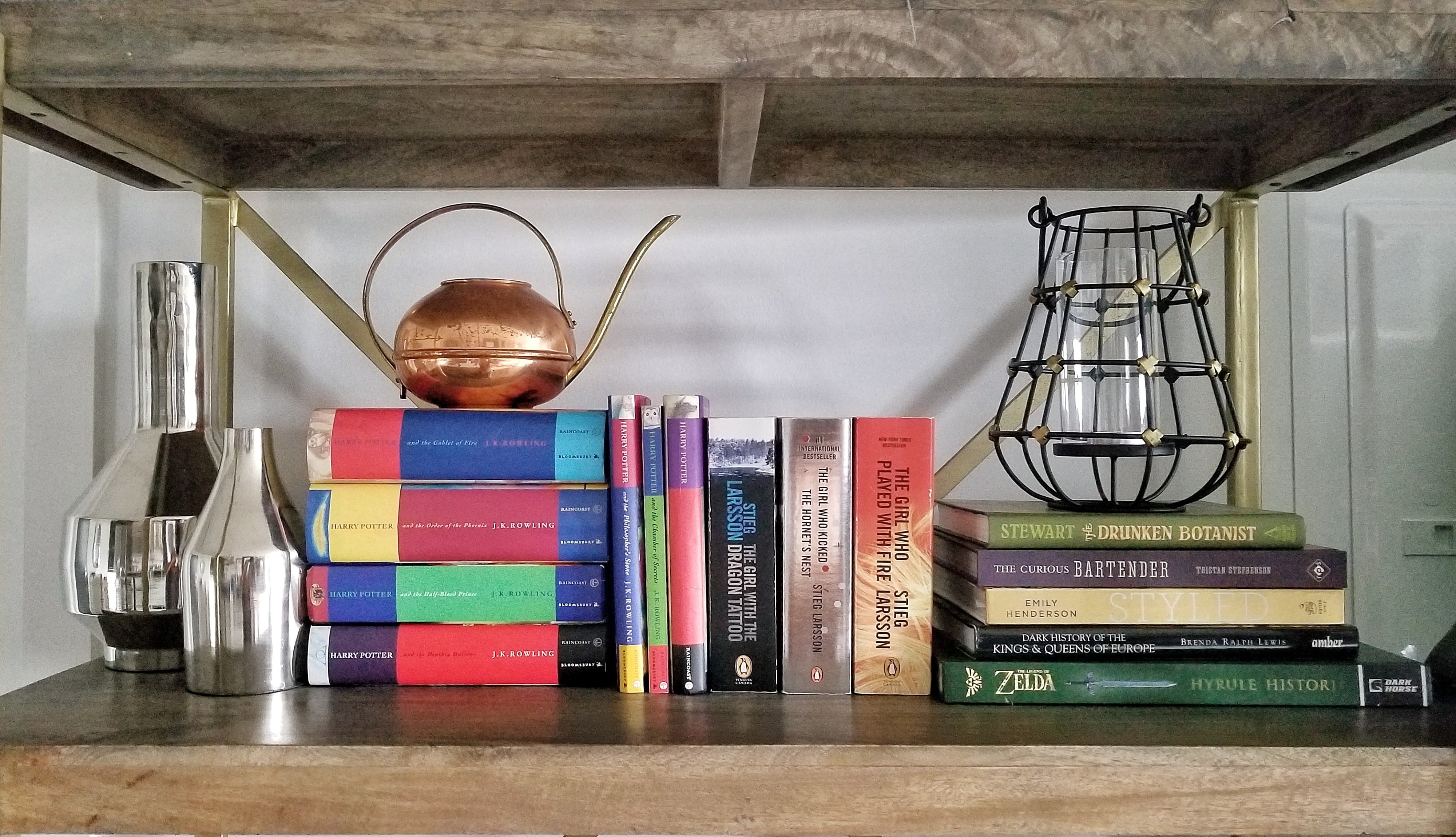 Bookshelf decor silver vases